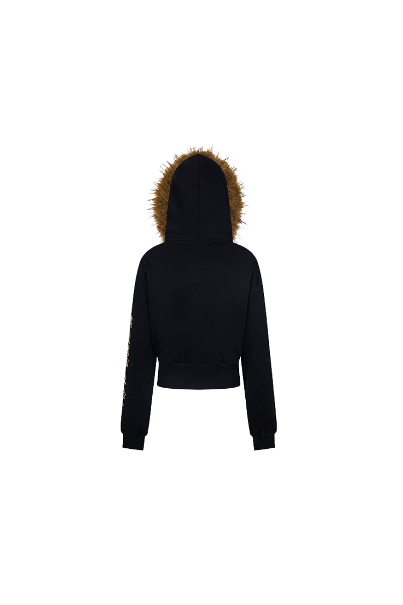 Fur-Trim Rebel Crop Hoodie -Black