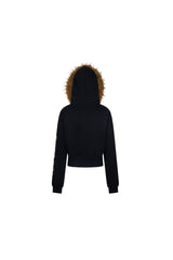 Fur-Trim Rebel Crop Hoodie -Black