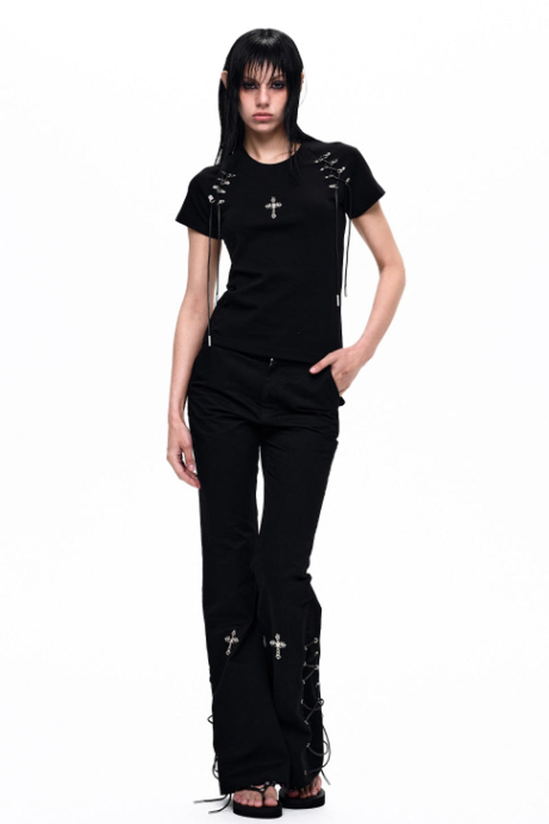 Cross Lace-Up Slim T-Shirt