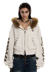 Fur-Trim Rebel Crop Hoodie -Gray