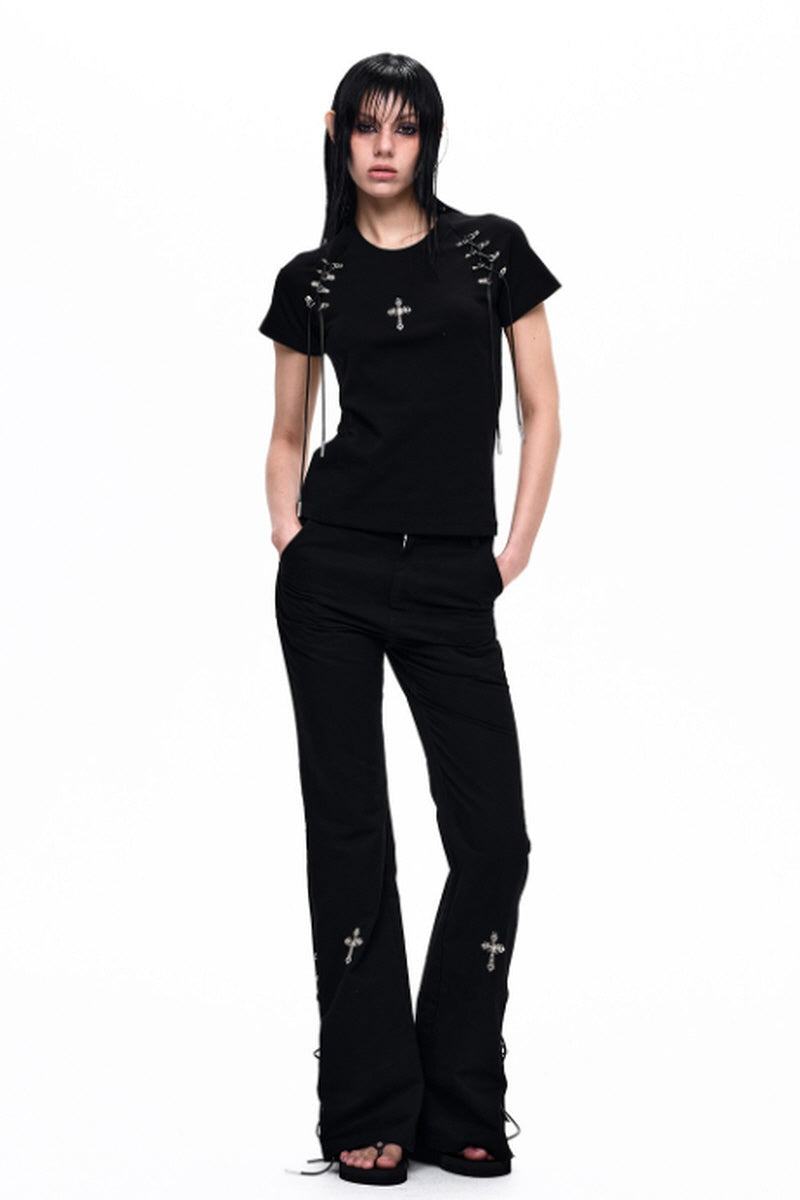 Cross Lace-Up Slim T-Shirt