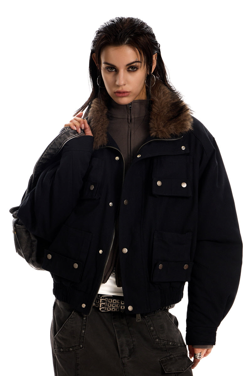 Midnight Cargo Fur-Collar Jacket - Black