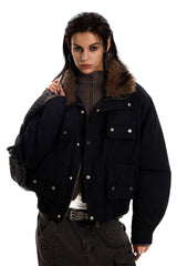Midnight Cargo Fur-Collar Jacket - Black