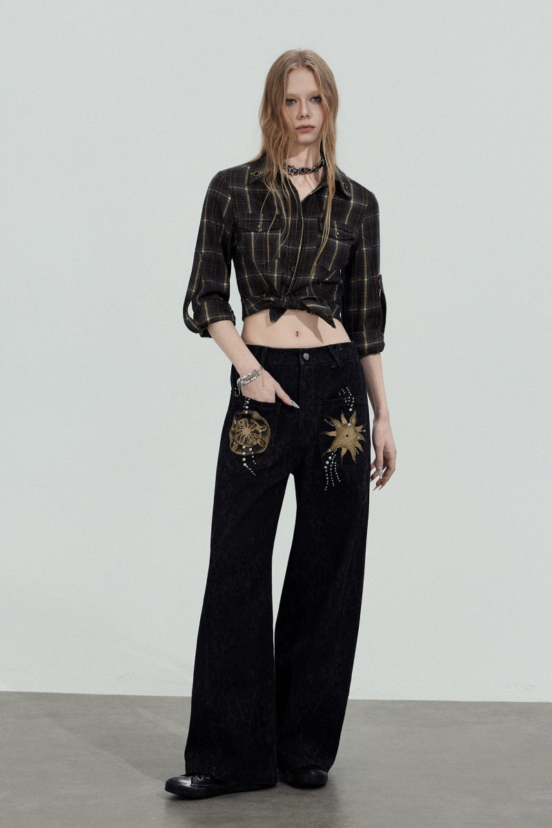 Dark Plaid Cropped Slim Shirt