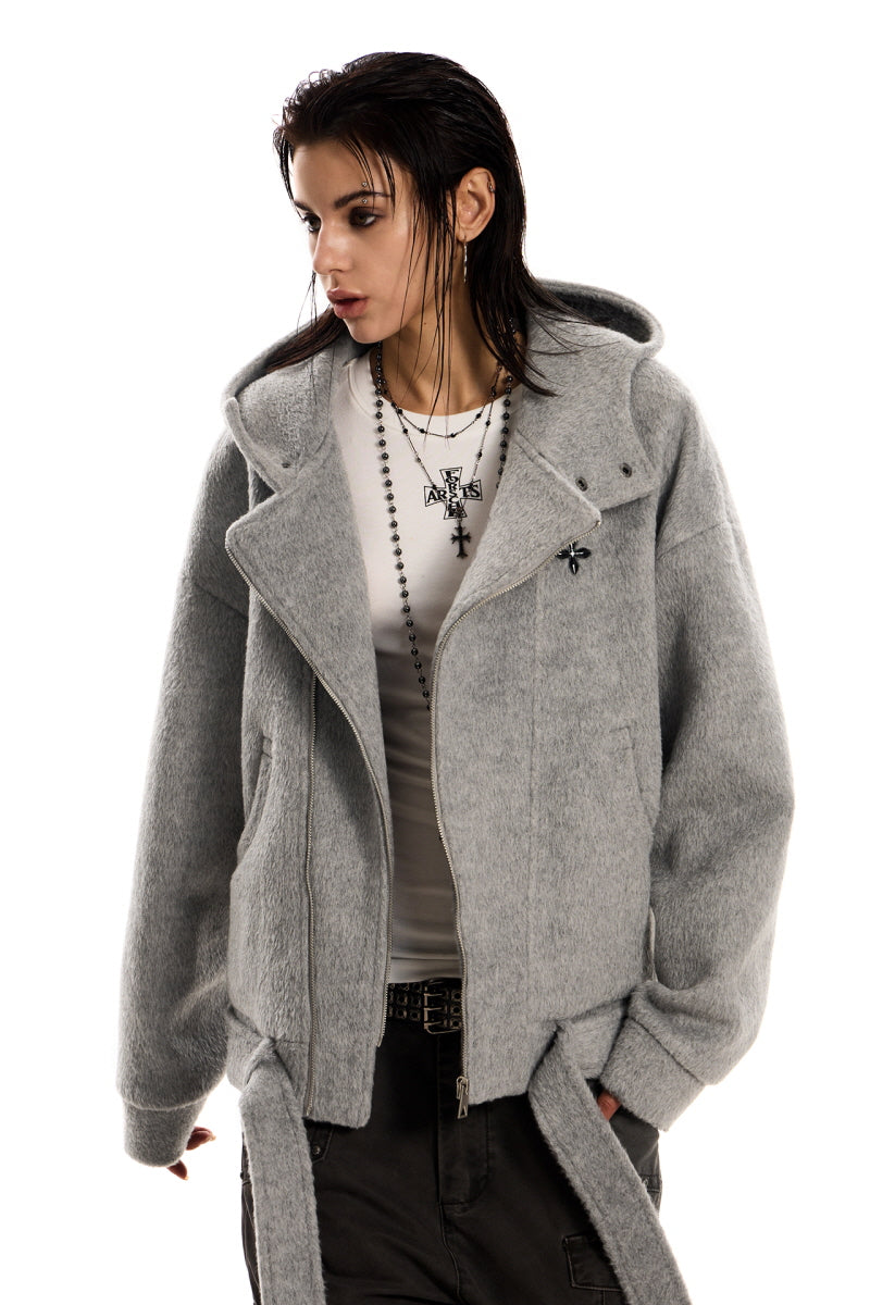 Urban Wool Tie-Belt Hoodie Jacket