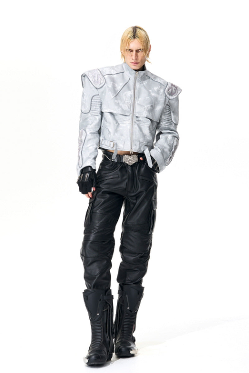 Obsidian Edge Cropped Biker Leather Jacket - Silver