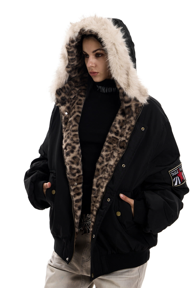 Leopard-Lined Urban Fur Hooded Bomber Jacket