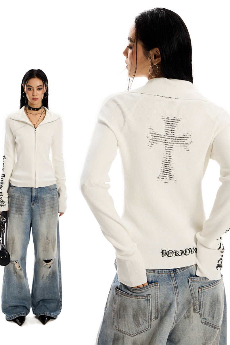 Crossed Shadows Ribbed Zip Sweater - White