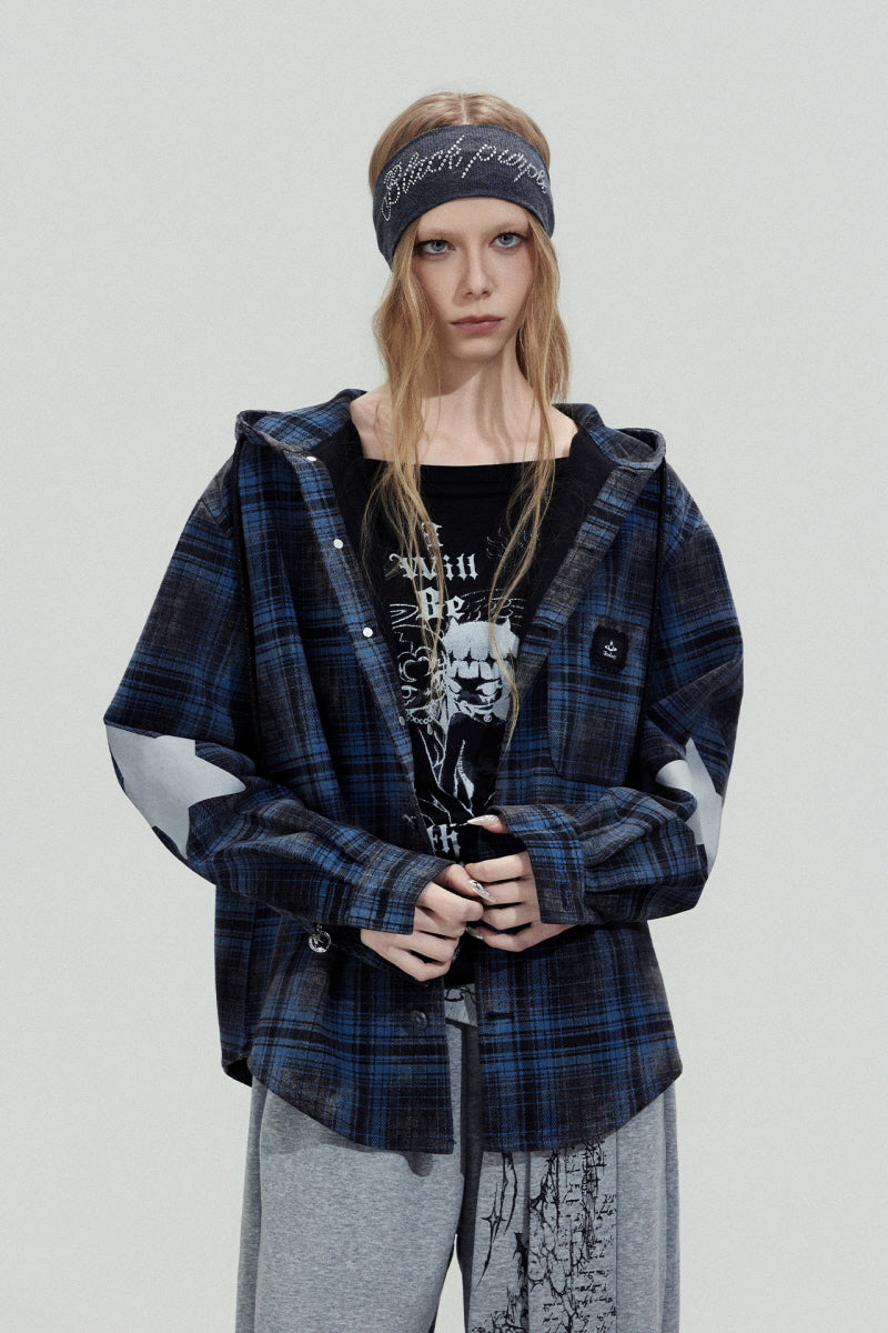 Blue Plaid Hooded Shirt Jacket