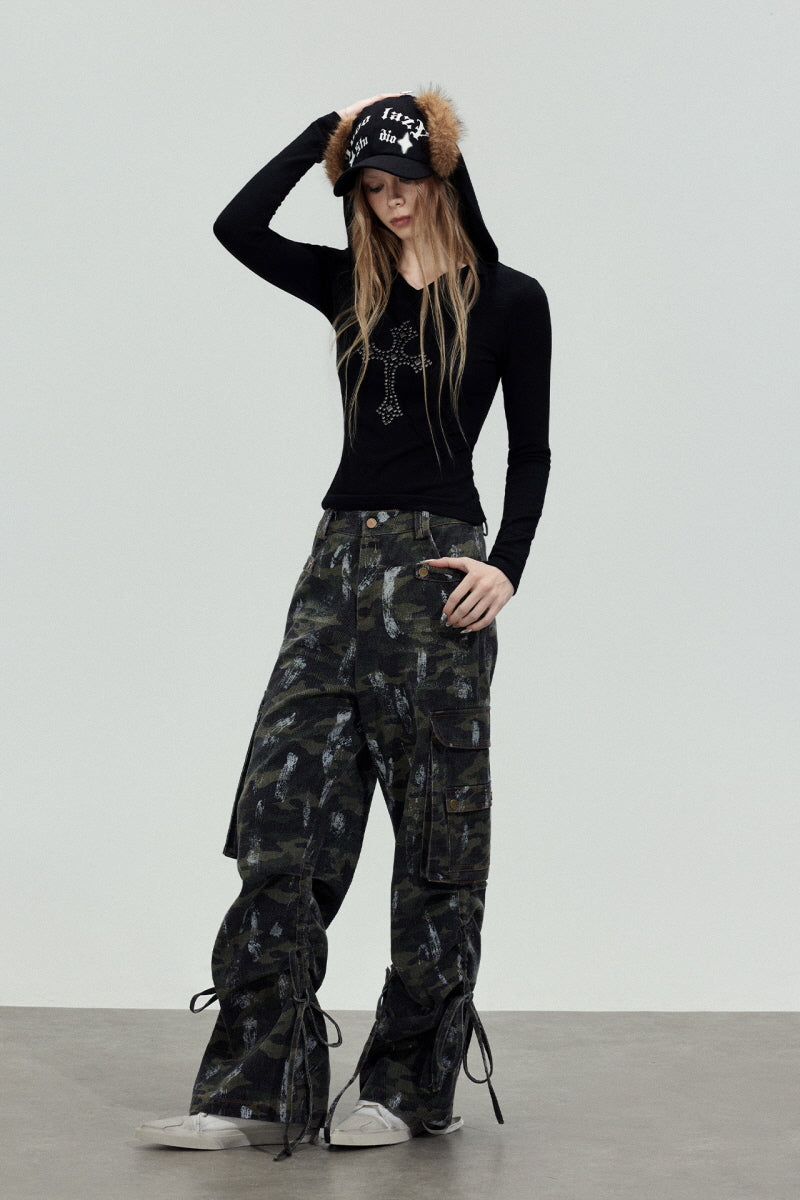 Camo Strap Wide Cargo Pants