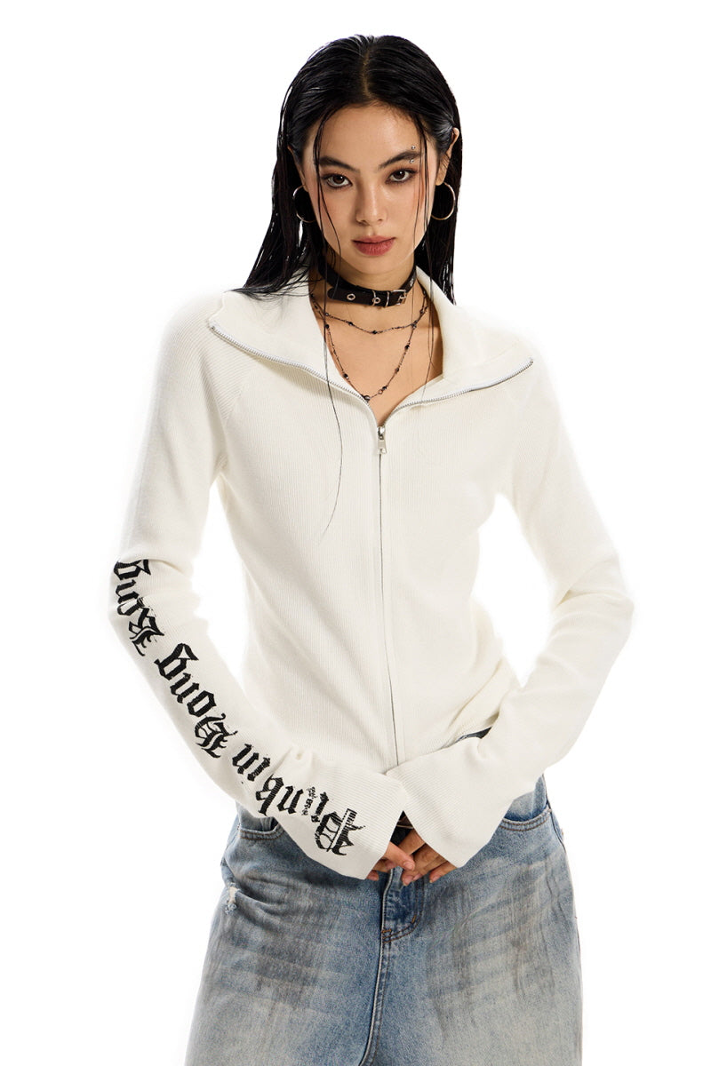 Crossed Shadows Ribbed Zip Sweater - White