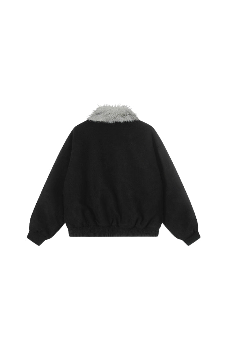 Shadow Patch Fur-Collar Warm Jacket - Black