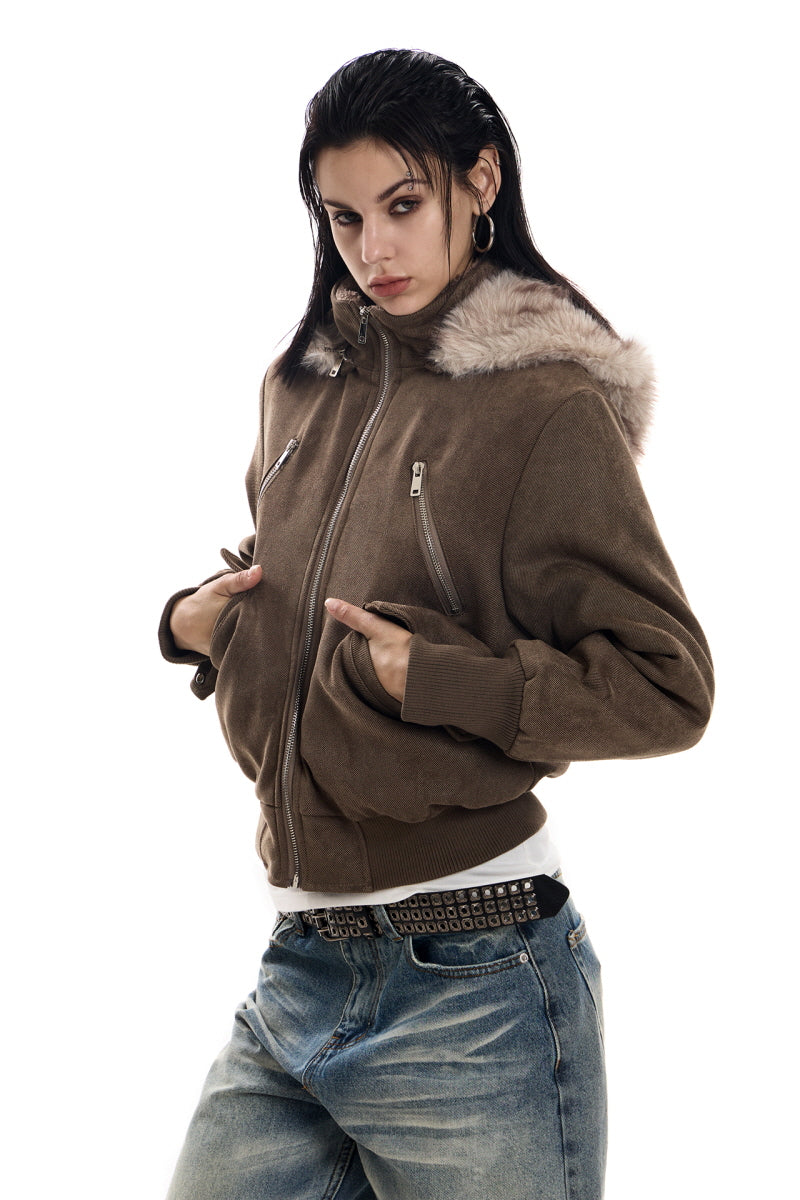 Urban Edge Fur-Trim Short Jacket - Dark Brown