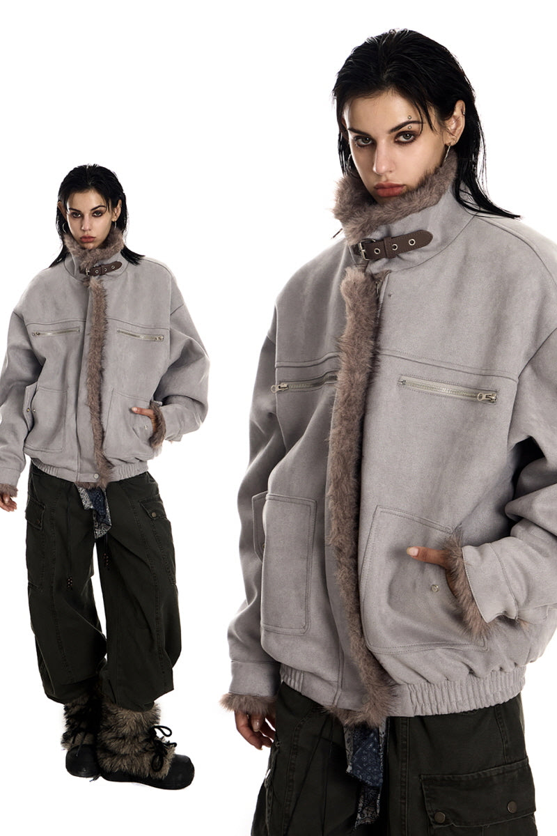 Ash Veil Fur-Trim Suede Jacket