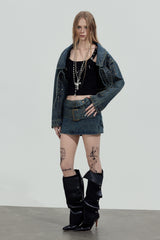 Double Belt Denim Mini Skirt