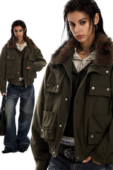 Midnight Cargo Fur-Collar Jacket - Coffee
