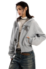 Leopard Crest Cropped Hoodie - Gray