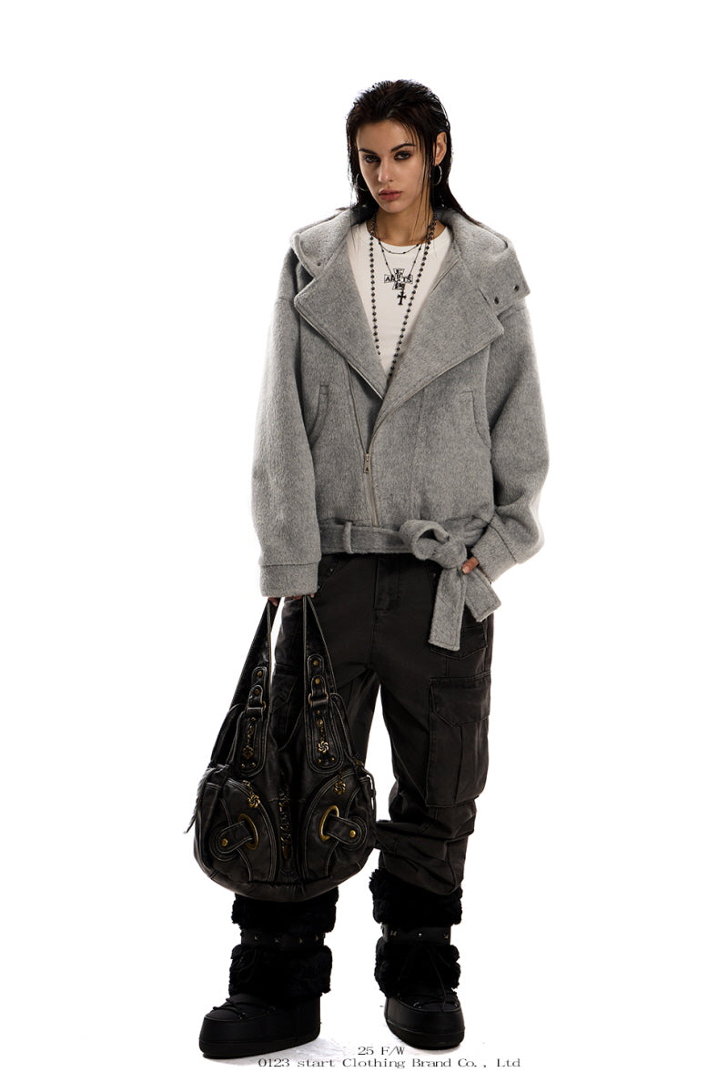 Urban Wool Tie-Belt Hoodie Jacket