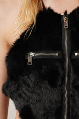 Black Faux Fur Zipper Mini Dress