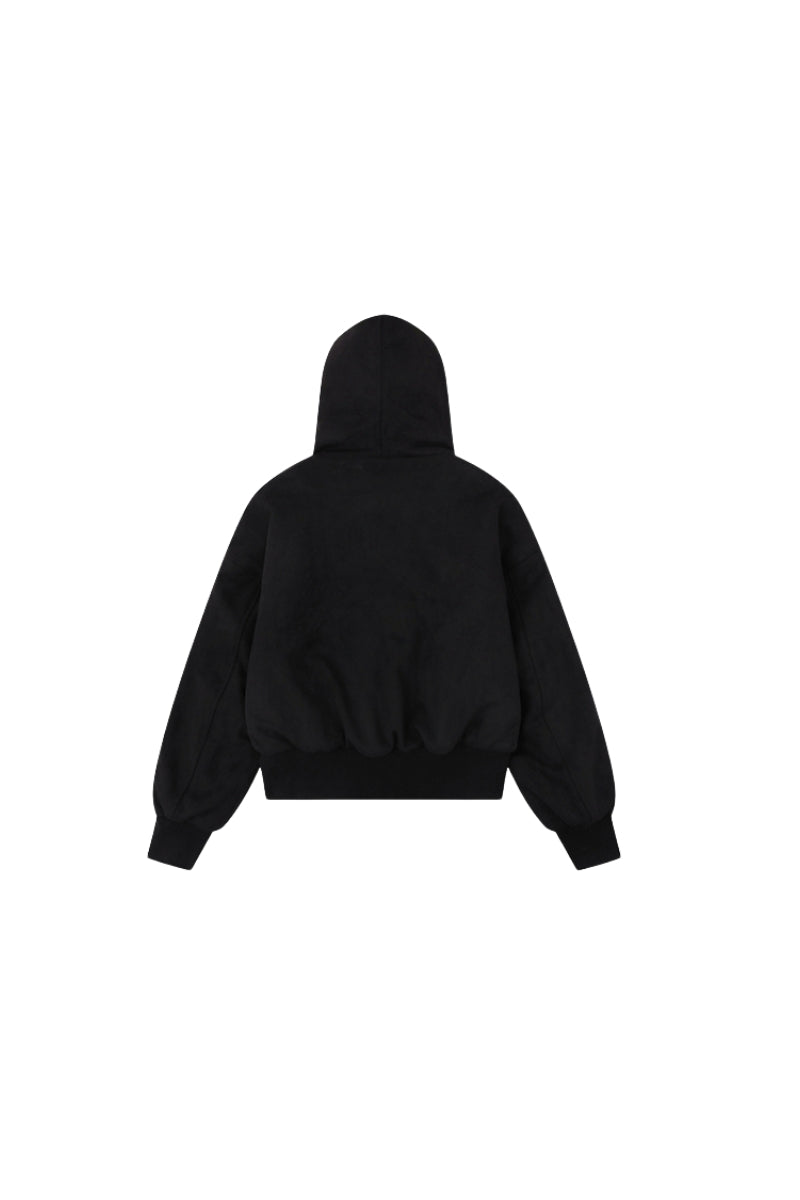 Leopard Cross Faux-Fur Hooded Bomber - Black