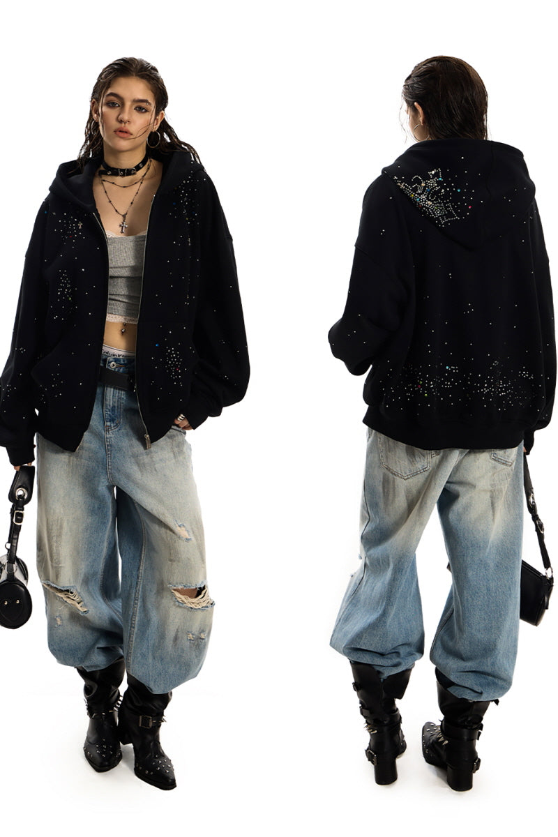 Starlit Chaos Rhinestone Zip Hoodie