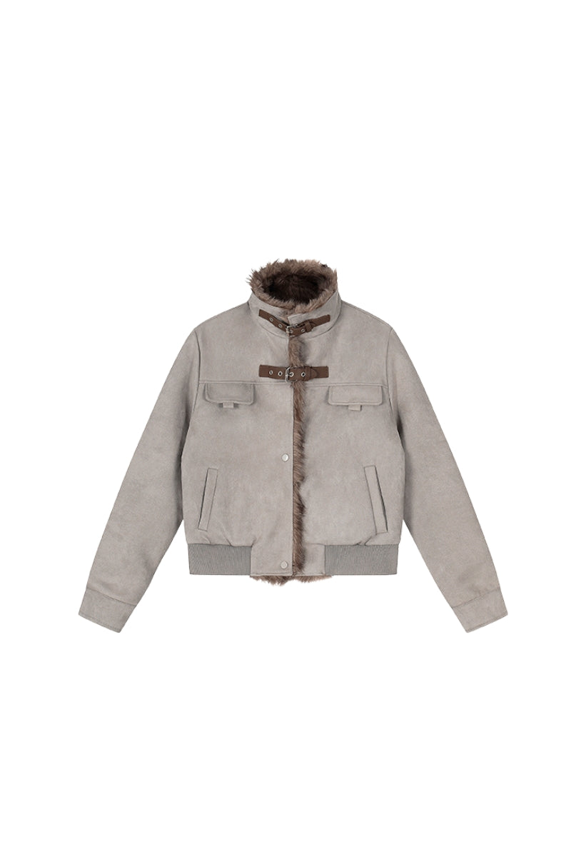 Faux Suede Buckled Fur Collar Jacket - Gray