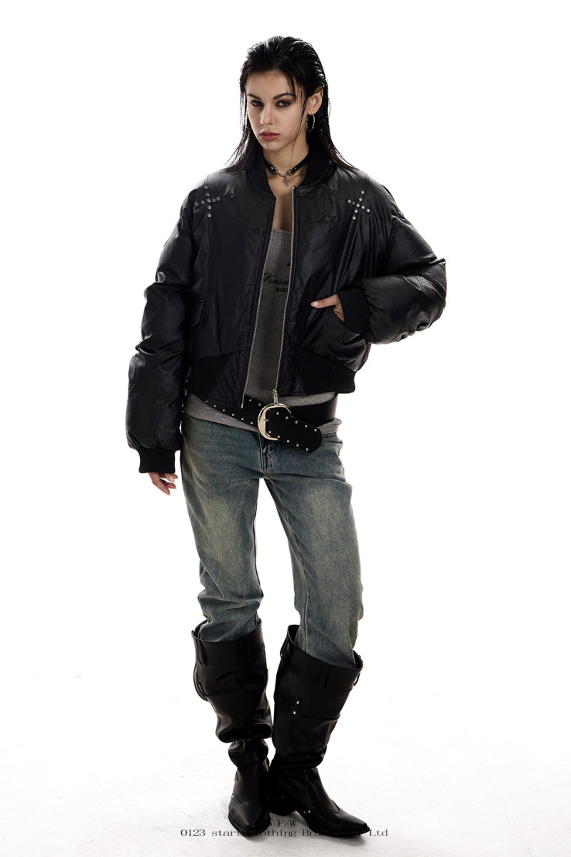 Stud Detail Cropped Leather Bomber Jacket