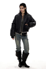 Stud Detail Cropped Leather Bomber Jacket
