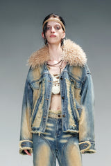 Distressed Elegance Faded Denim Jacket with Wool Collar