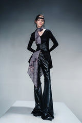 Versatile Silk Flow Long-Sleeved Top(Detachable with silk Scarf) - Black