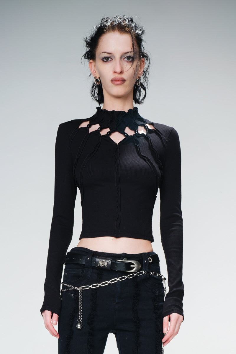 Beaded Web Cutout Long-Sleeve Top