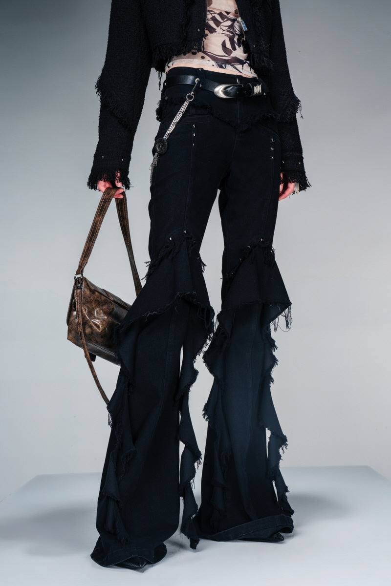 Fringe Rhythm Flared Pants-Black