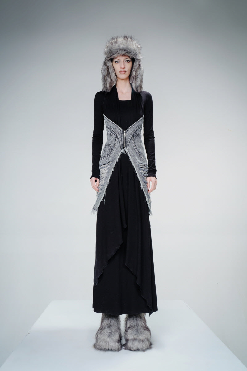 Denim-Accent Long Flow Gown with Wrap Details - Black