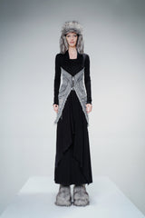 Denim-Accent Long Flow Gown with Wrap Details - Black