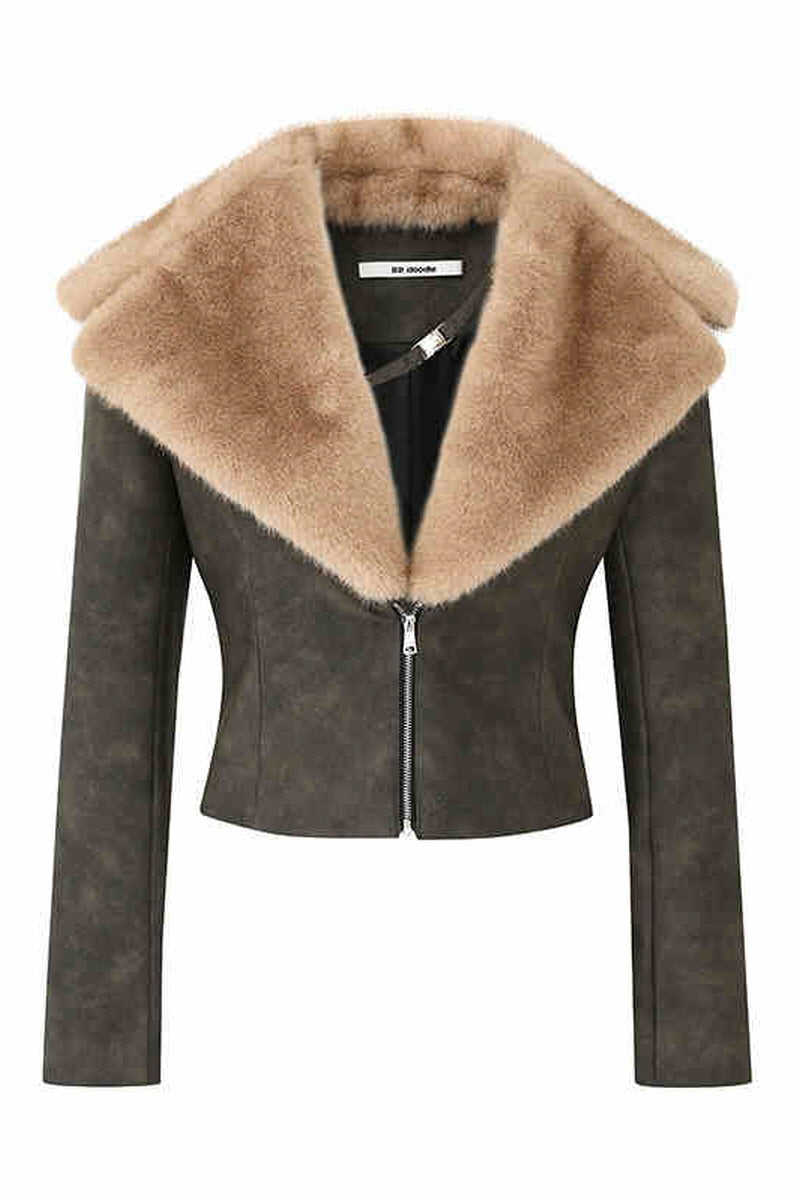 Vintage Washed Fur Collar Leather Jacket