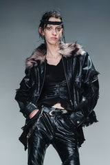 Fierce Nomad Padded Leather Jacket with Fur Accents - Black