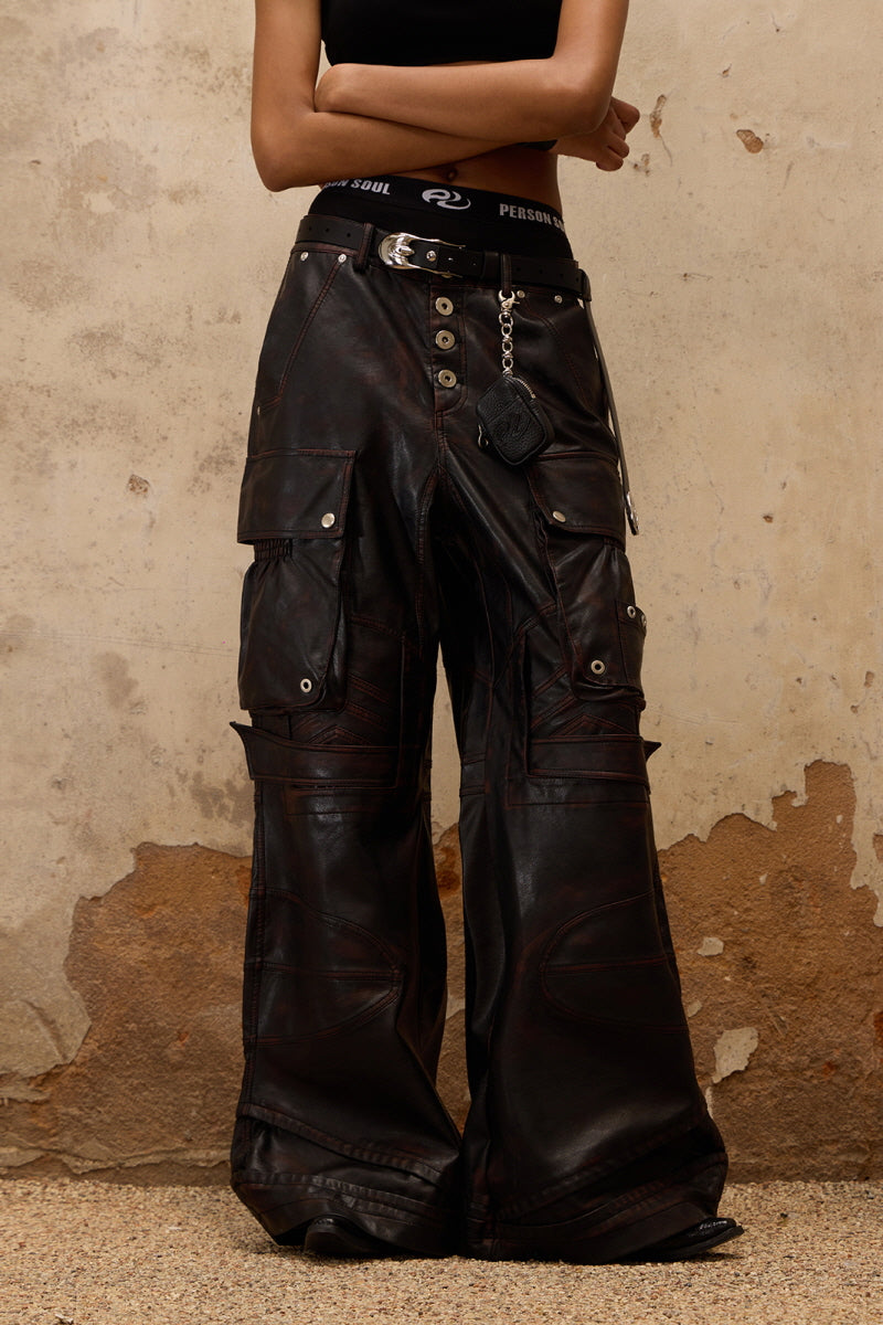 Rivet-Edged Wide-Leg Leather Pants