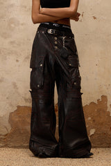 Rivet-Edged Wide-Leg Leather Pants