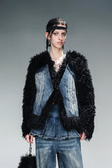 Dual-Tone Panel Fur Denim Jacket - Blue