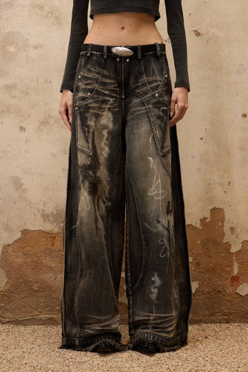 Abstract Shadow Wide-Leg Graffiti Denim