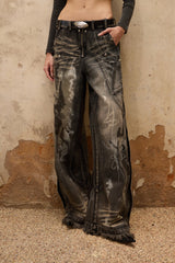 Abstract Shadow Wide-Leg Graffiti Denim