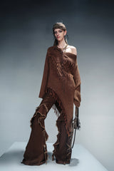 Bohemian Spirit Asymmetrical Fringe Sweater-Brown