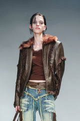 Fierce Nomad Padded Leather Jacket with Fur Accents - Brown