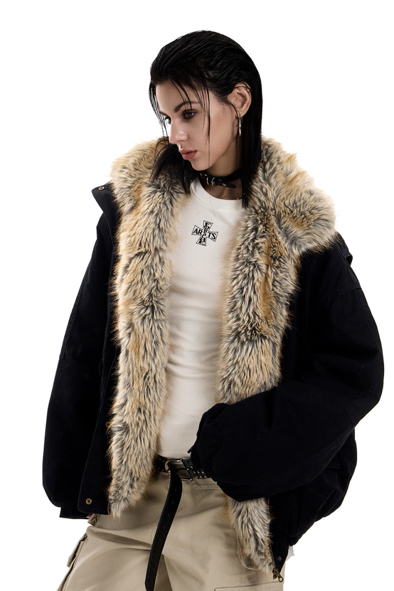 Feral City Fur-Collar Jacket - Black